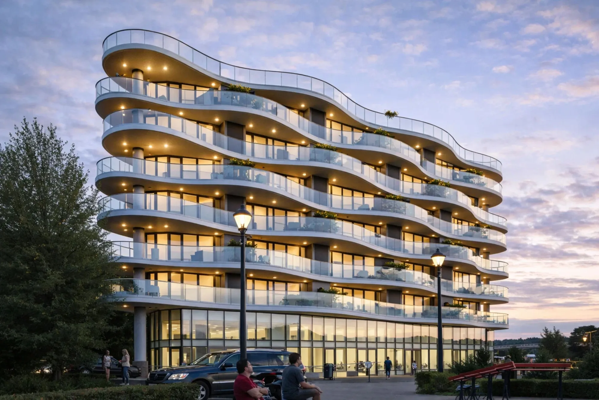 Curved balconies at dusk