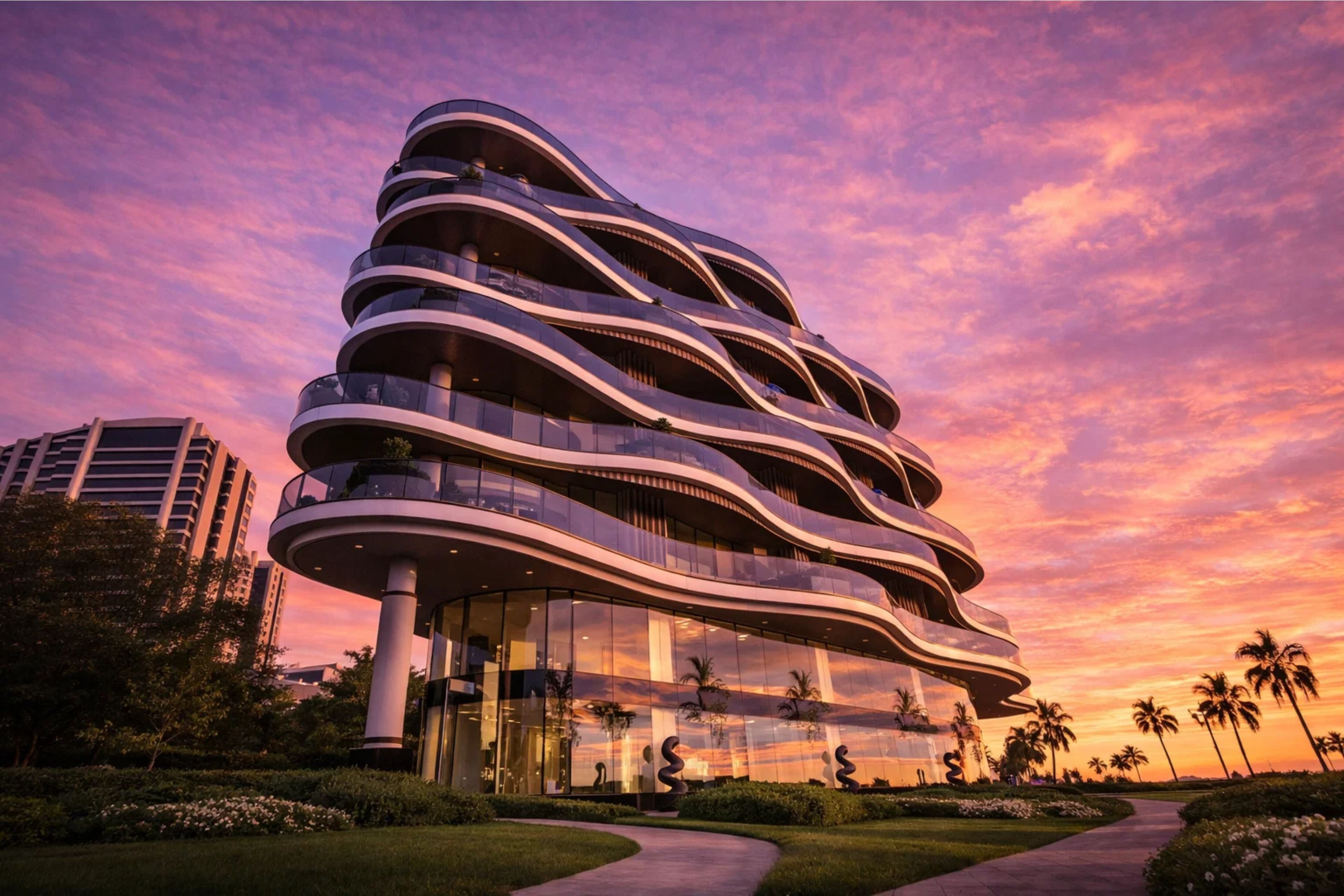 Lomora — curved-balcony residential tower at sunset