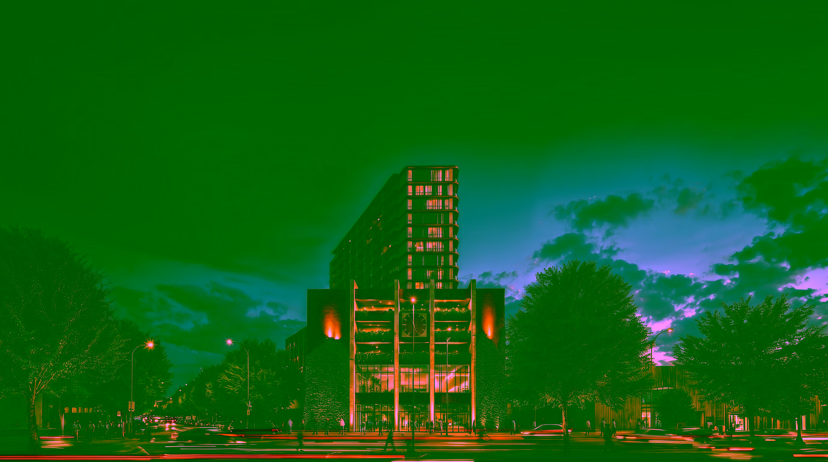 Semira Time — corten-steel tower with its signature clock at dusk
