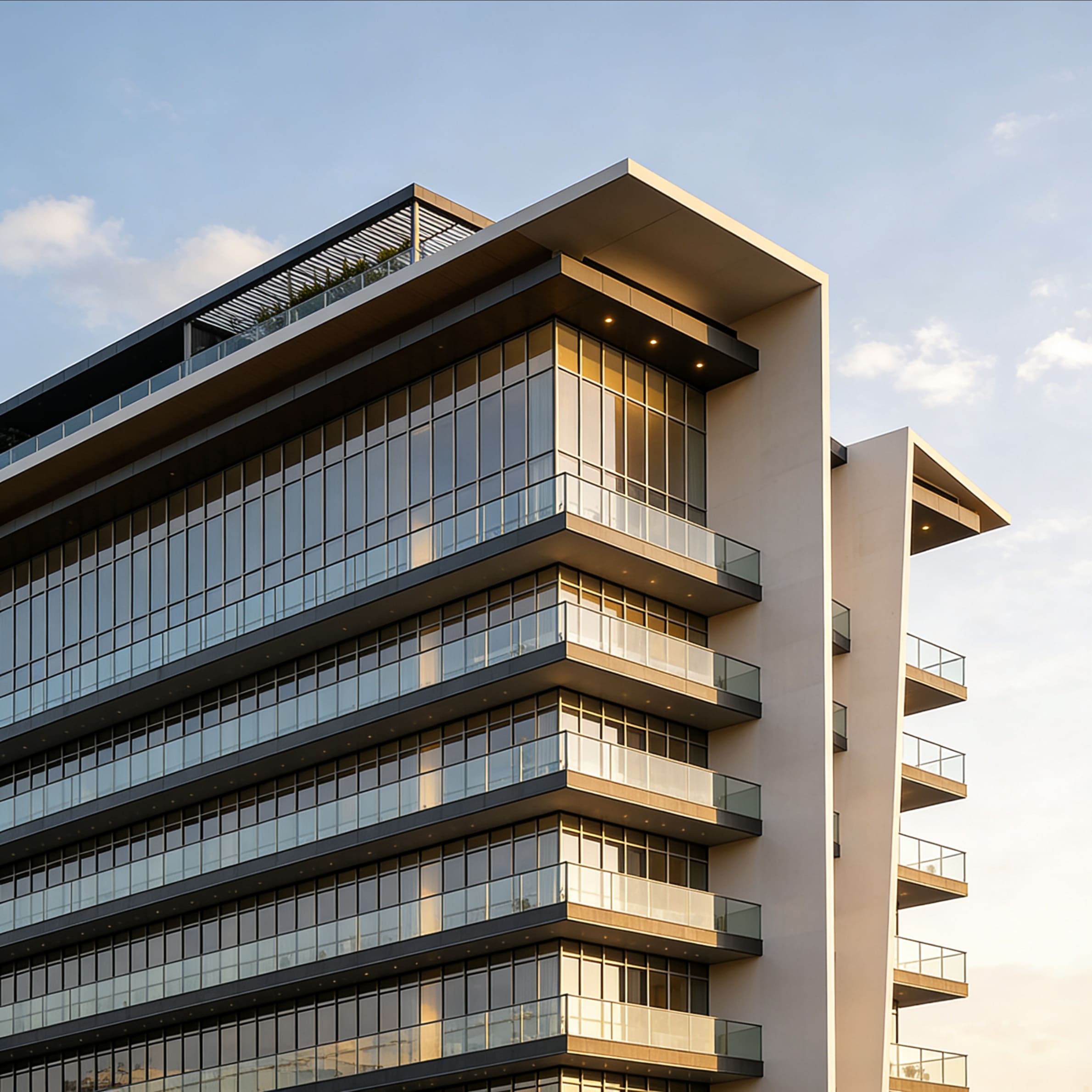 Tolia exterior — glass balconies catching golden hour light