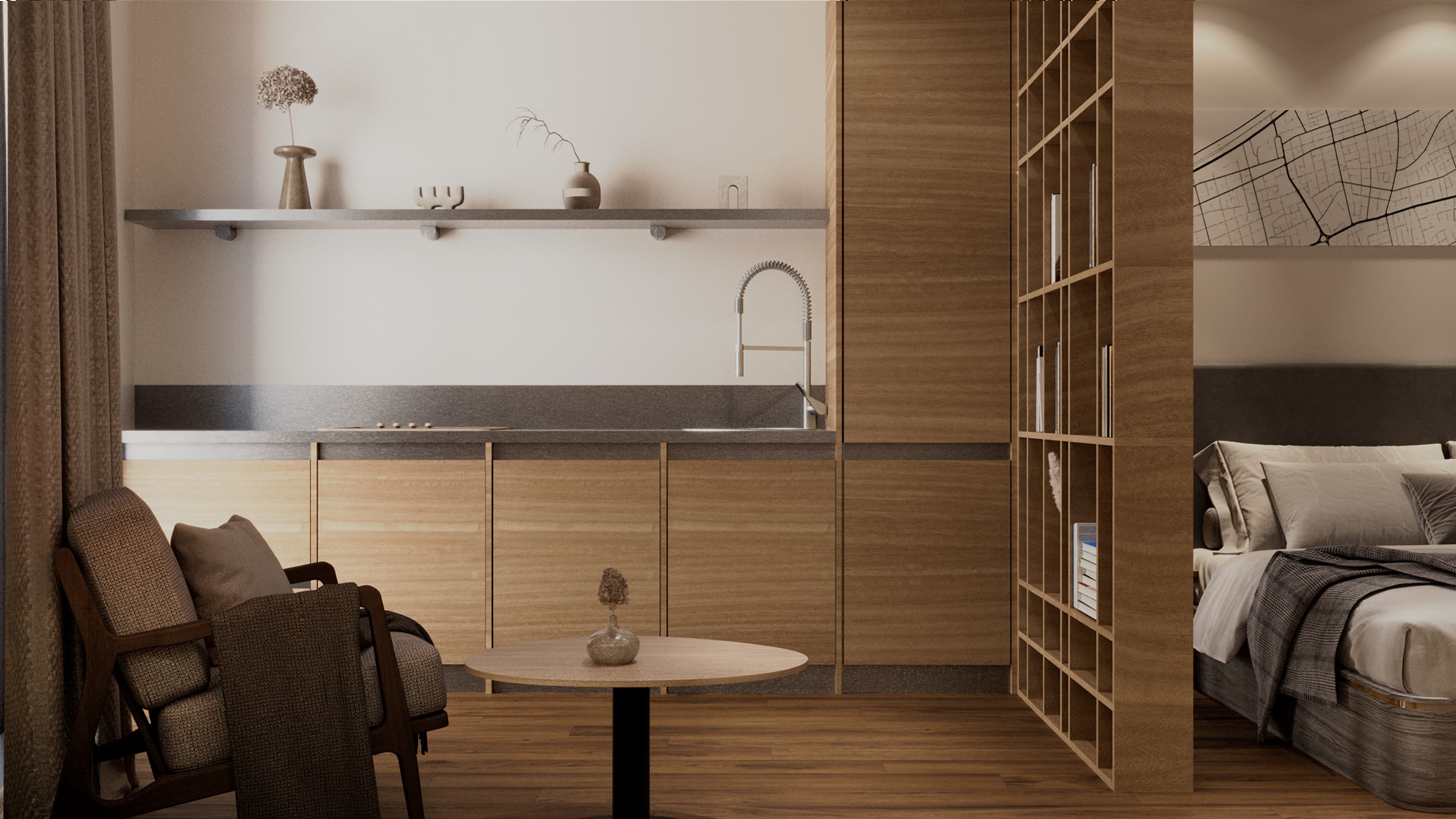 Tolia studio living and kitchen — armchair, coffee table, oak millwork