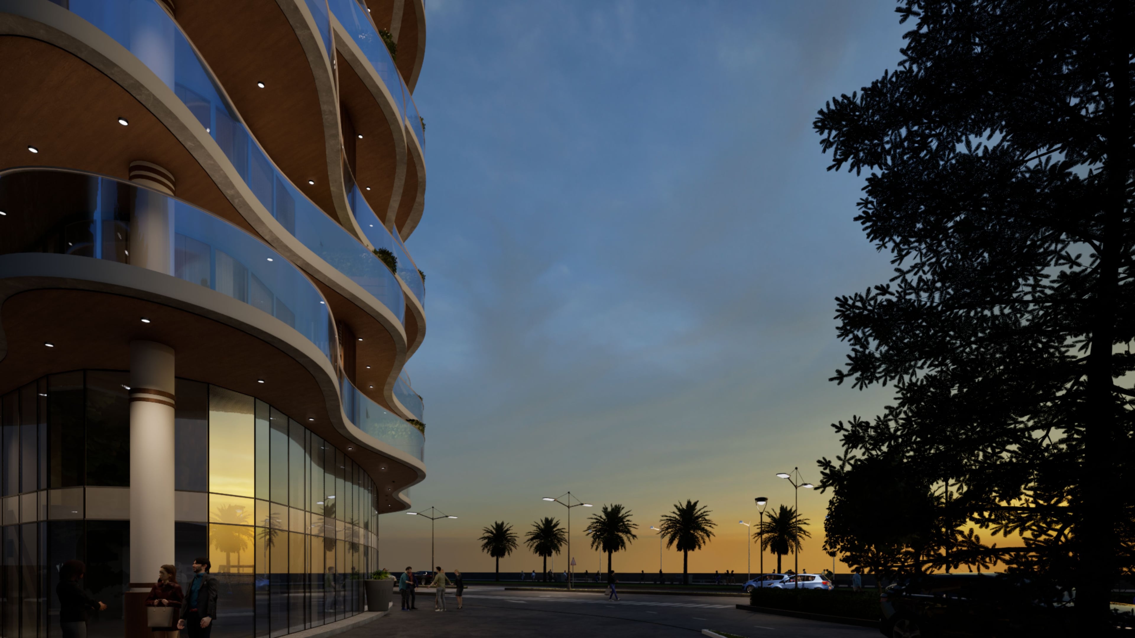 Lomora exterior at night — warm interior light through tall facade windows